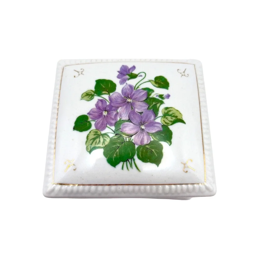Vintage Japanese Porcelain Trinket Box Purple Violets & Gold Trim Jewelry Box